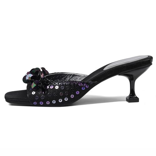 Mattiventon Kitten Heels for Women Comfortable Stiletto Heeled Mule Black Sequin Open Square Toe Slip On Trendy Sandals Prom Party Wedding and Vacation | Amazon (US)
