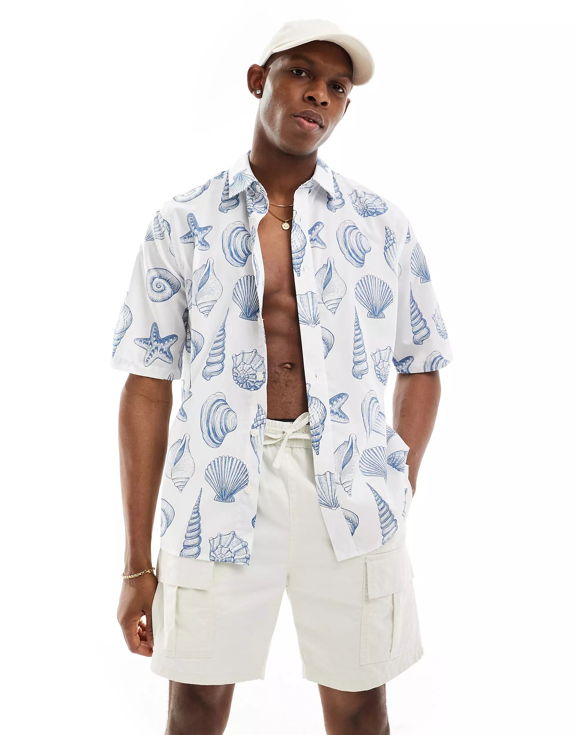 ONLY & SONS relaxed fit shirt with shell print in off white | ASOS (Global)
