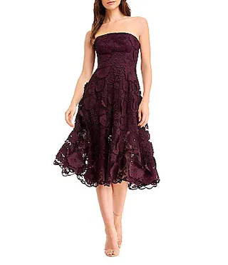 Dress the Population Kailyn 3D Floral Applique Mesh Strapless Fit Flare Midi Dress - XS | Dillard's