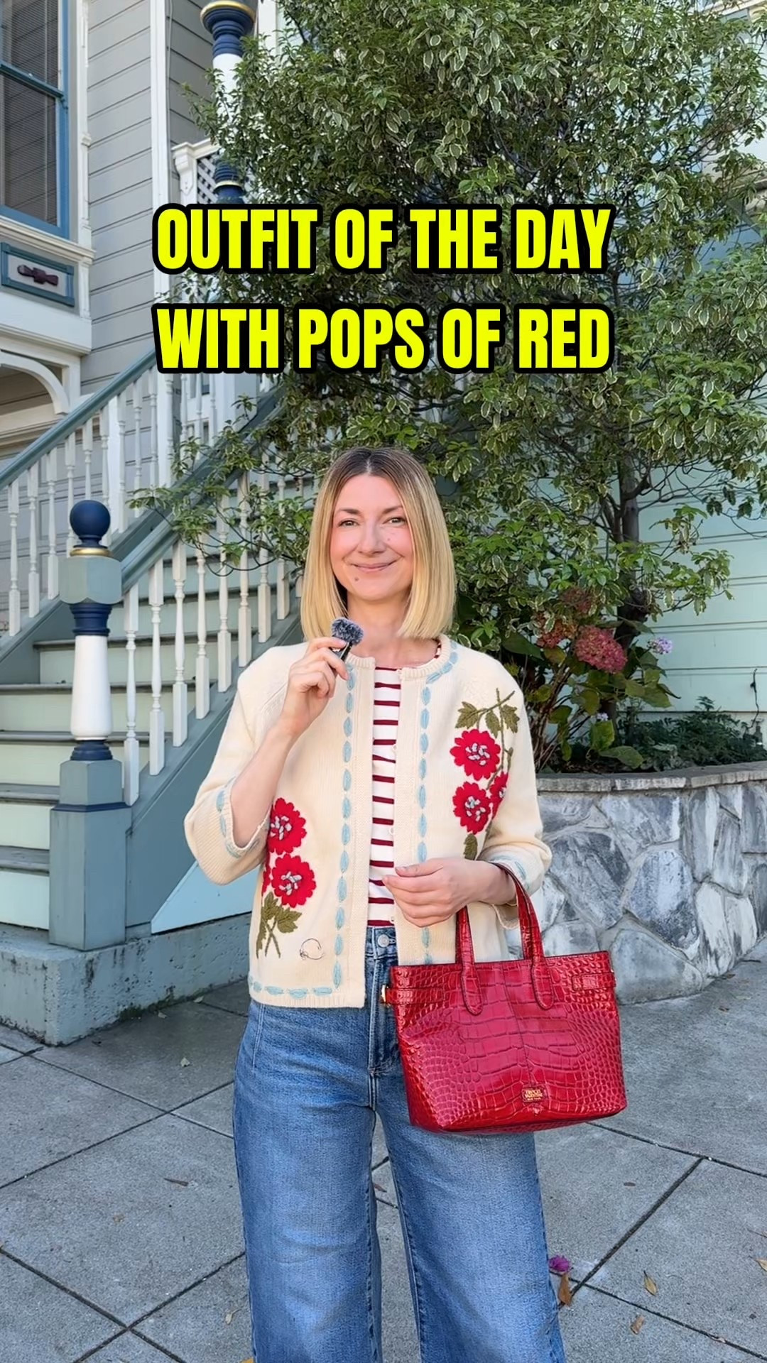 Fun Fall everyday outfit idea - wool cardigan with flowers, striped top, croc leather red bag, bowed leg pistola jeans and velvet flats. 

#LTKSeasonal #LTKStyleTip