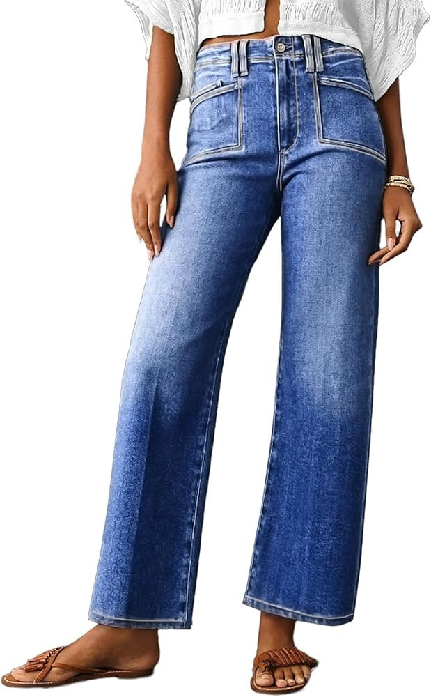 Astylish Womens Wide Leg Jeans High Waisted Stretchy Buttoned Denim Pants Trendy 2025 with Pocket | Amazon (US)