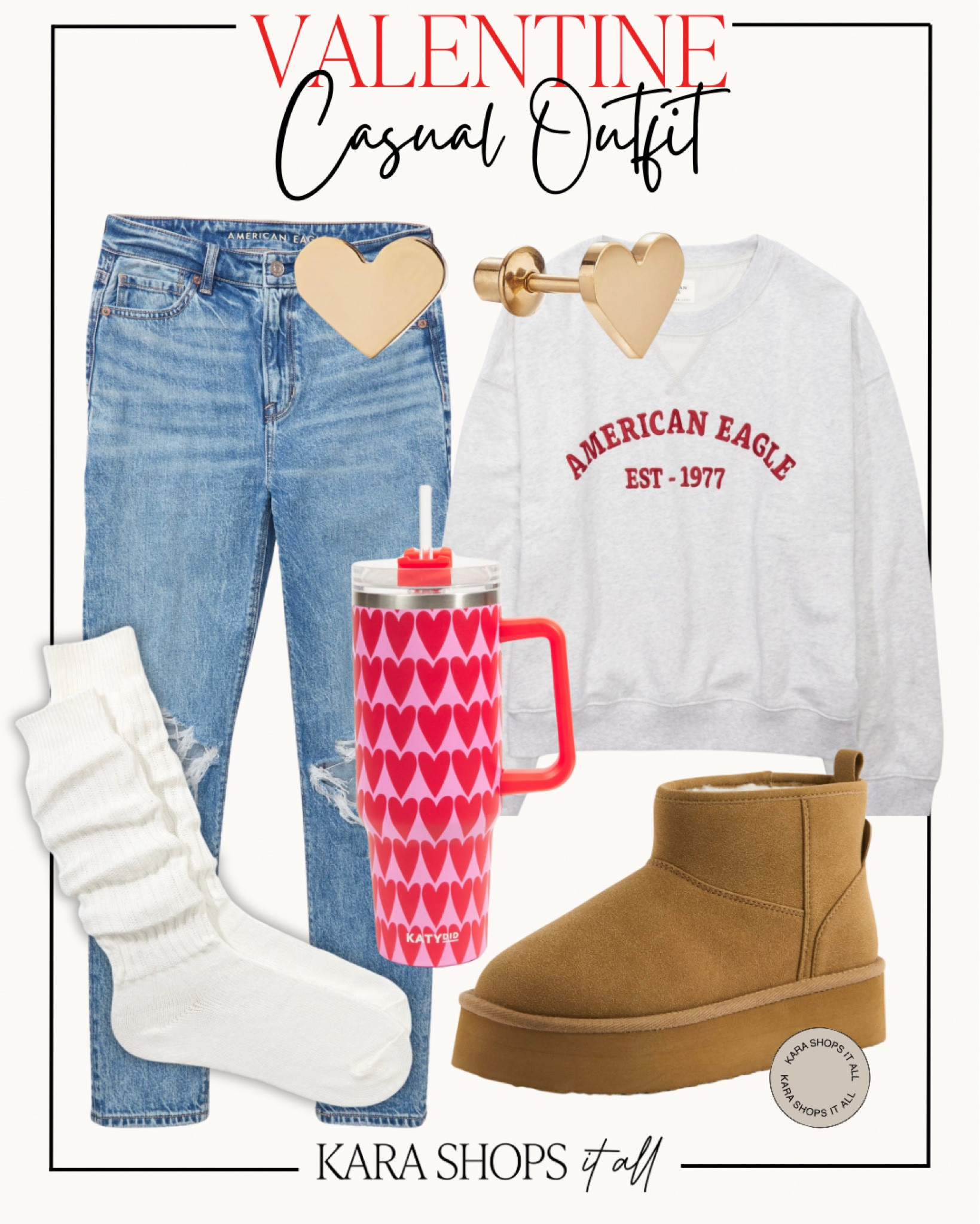 Valentines casual outfit! Love this casual Valentine look perfect for staying in or going out! All these cute heart accessories complete the outfit and the Ugg lookalikes!
#Valentinecasual #Casualoutfit

#LTKSeasonal #LTKsalealert #LTKstyletip