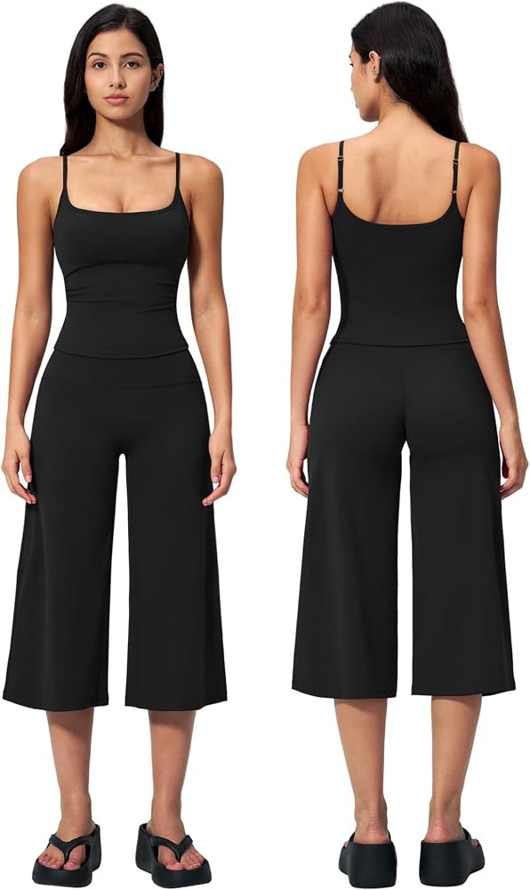 Two Piece Womens Workout Set Spaghetti Straps Crop Top Matching Wide Leg Capri Pants Gym Pilates ... | Amazon (US)