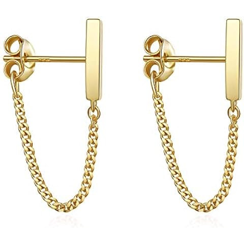 Reffeer Solid 925 Sterling Silver Stud Earrings Minimalist Bar Earrings with Chain Dangle Earring... | Amazon (US)