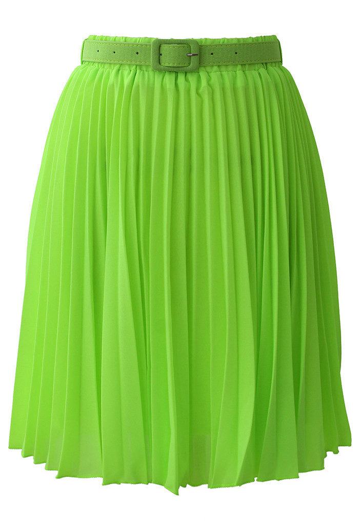 Neon Green Pleated Chiffon Midi Skirt with Belt  | Chicwish