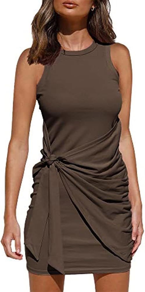 isermeo Women's Sleeveless Crew Neck Tank Dress Tie Waist Ruched Bodycon Mini Dress | Amazon (CA)