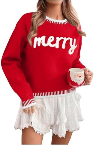 LUKYCILD Christmas Sweaters for Women Merry Sweater Long Sleeve Crewneck Sweaters Rib-Knit Sweats... | Amazon (US)