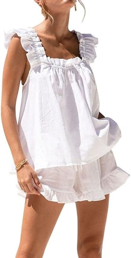 Xfileen Womens Summer 2 Piece Set Fashion Ruffle Trim Cami and Casual Shorts Set Cotton Pajama Se... | Amazon (US)