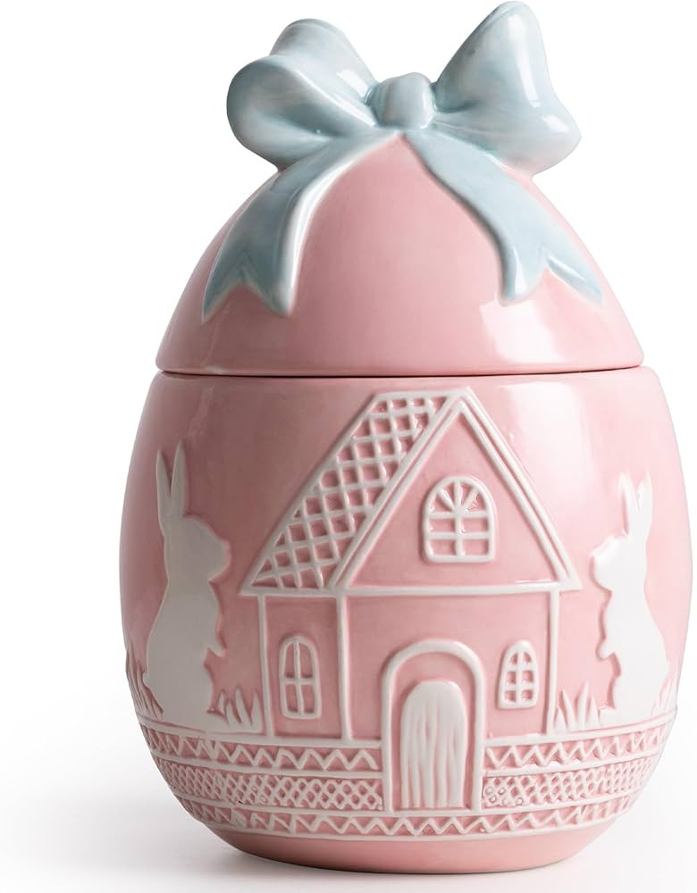 Easter Bunny Cookie Jar with Lid, Pink Egg Candy Jar, Embossment Bunny Decorative Ceramic Storage... | Amazon (US)