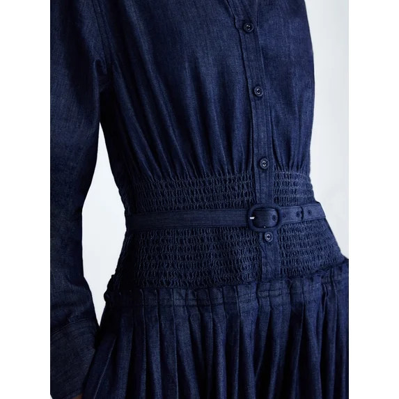 Free Assembly Women's Belted Smocked Waist Denim Midi Shirtdress, Sizes XS-XXL | Walmart (US)