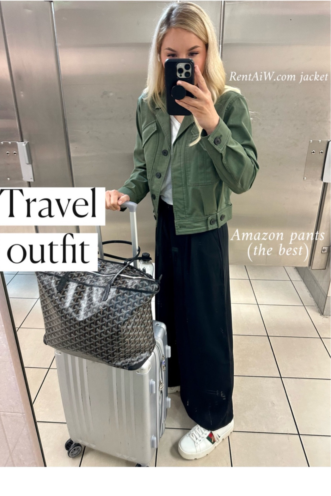 Travel outfit 
Blank pants 
Green jacket
Gucci sneakers 


#LTKFind #LTKstyletip #LTKtravel