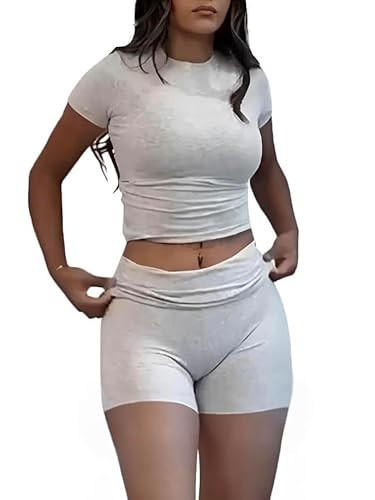 AYWA Women's Two Piece Sets Summer Slim Fitted Short Sleeve Tops Foldover Shorts Matching Lounge Sets (Light Heather Grey, Medium) | Amazon (US)
