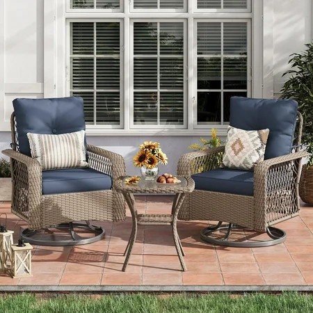 UDPATIO 3 Pieces Patio Furniture Set, Outdoor Swivel Gliders Rocker, Wicker Patio Bistro Set with Rattan Rocking Chair, Glass Top Side Table and Thickened Cushions for Porch Deck Backyard (Blue) | Walmart (US)