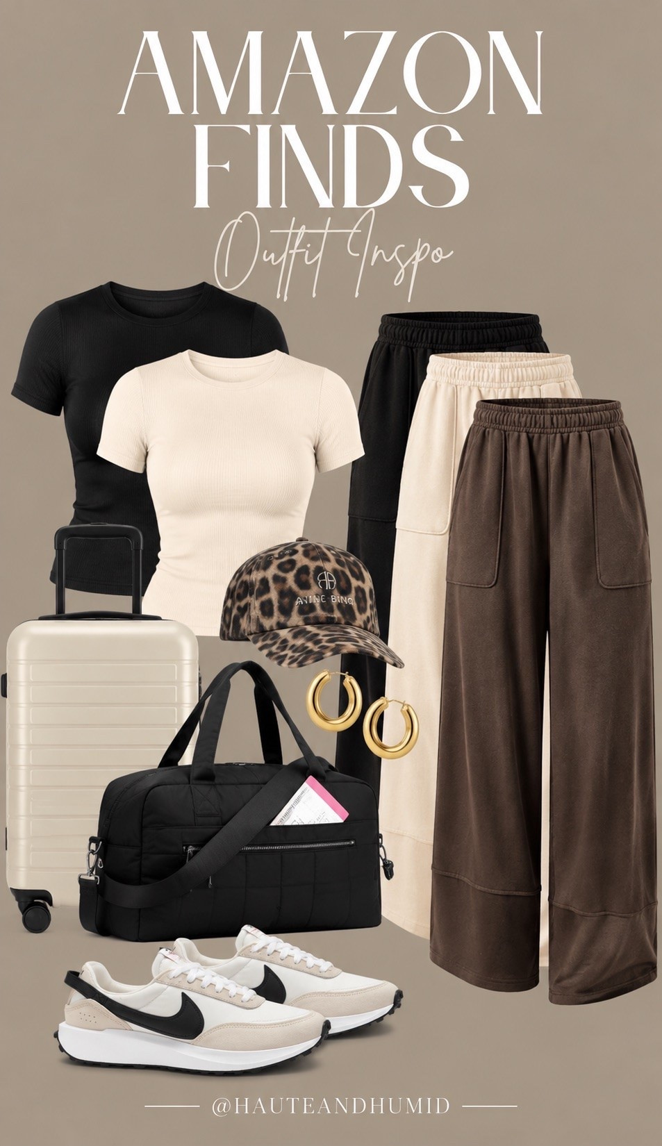 Amazon outfit finds that make travel days and everyday dressing easier. I love a fitted tee with relaxed wide leg pants, then adding sneakers, a leopard cap and simple gold hoops to make the basics feel more intentional.

Amazon fashion finds, Amazon outfit ideas, wide leg pants, fitted tee, travel outfit, airport outfit, casual fall outfit, Amazon pants, comfortable travel clothes, leopard cap, everyday fall style, HauteandHumid