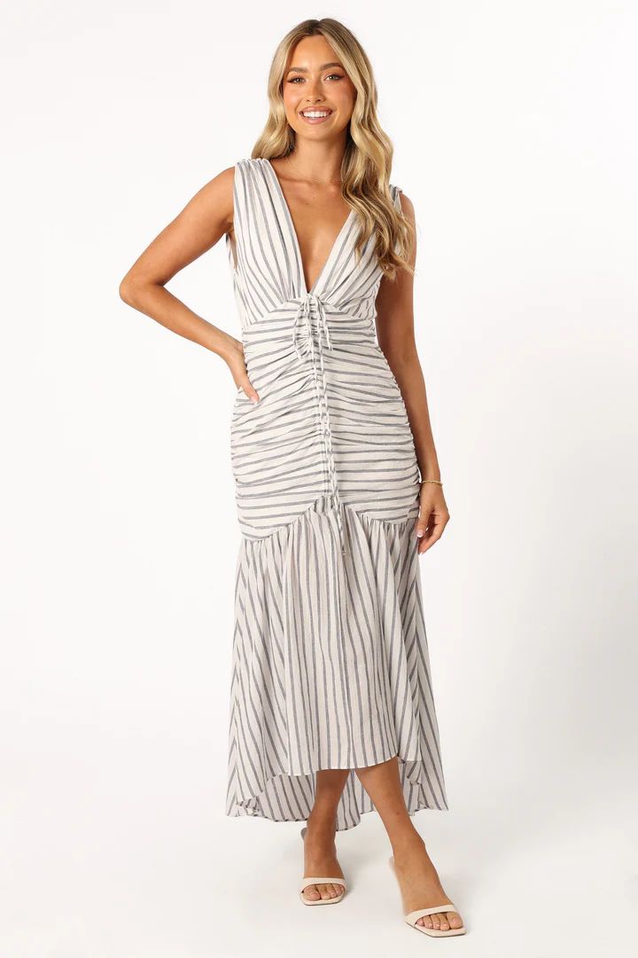Georgia Ruched Midi Dress - Navy Stripe | Petal & Pup (US)