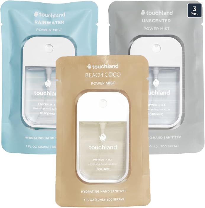 Touchland Hydrating Hand Sanitizer Spray, DYE FREE Trio Set (Rainwater, Unscented, Beach Coco), 1... | Amazon (US)