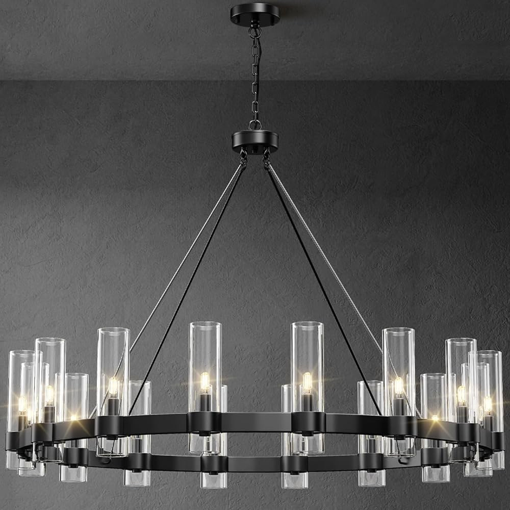 16-Lights Black Chandelier,Wagon Wheel Chandelier with Glass Shade,48 Inch Large Round Industrial... | Amazon (US)