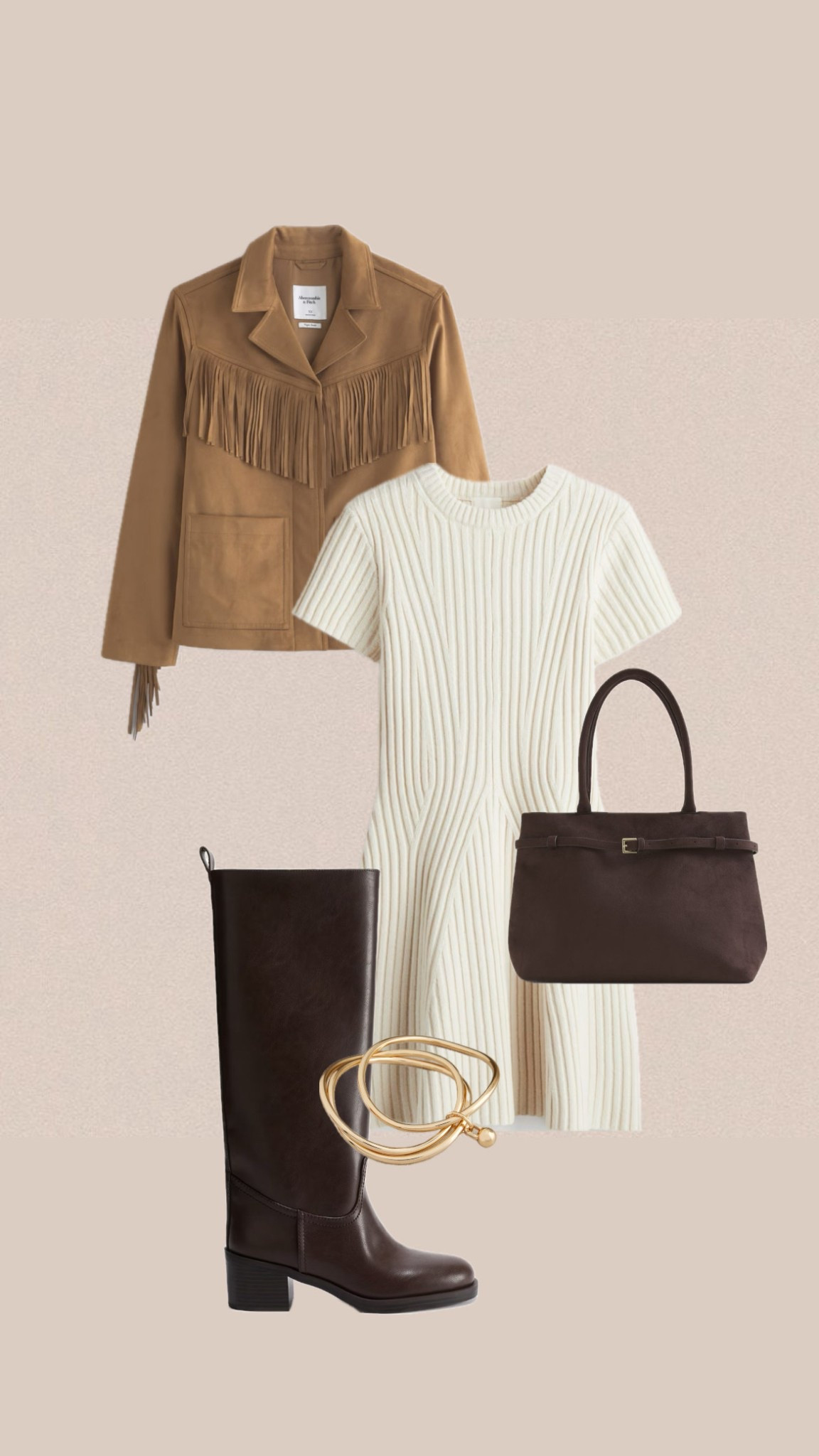 Cosy autumn transitional outfit / tassle jacket / brown boots / gold jewellery / white knitted dress / chocolate brown 

#LTKuk #LTKstyletip #LTKautumn