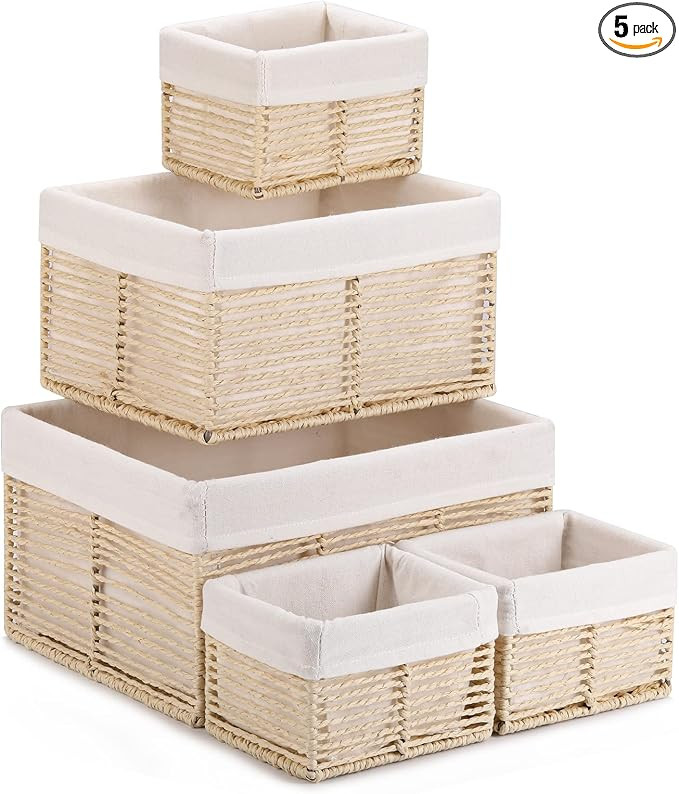 Vagusicc Wicker Storage Basket, Hand-Woven Paper Rope Wicker Baskets, Rectangular Small Wicker Ba... | Amazon (US)