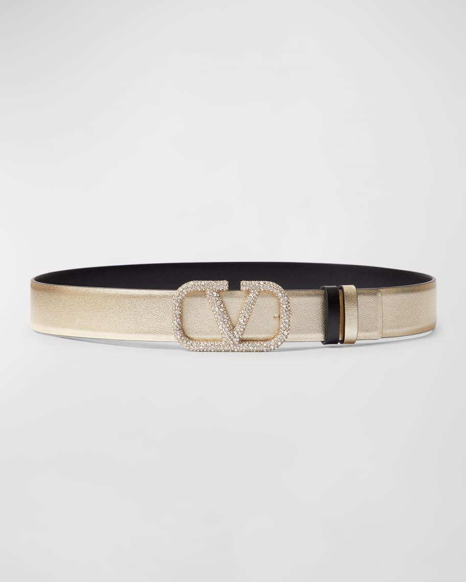 Valentino V-Logo Signature Reversible Crystal & Leather Belt | Neiman Marcus