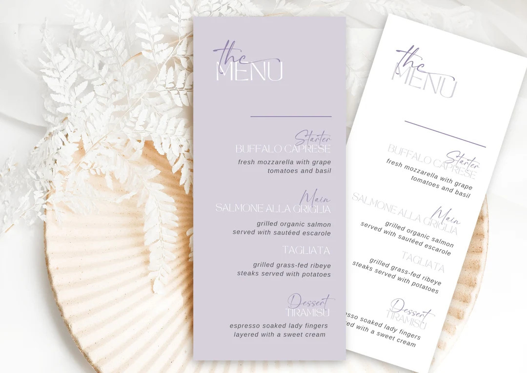 Lavender Menu Card Printable Modern Dinner Card for Wedding, Bridal, Baby Shower Dusty Purple Men... | Etsy (US)