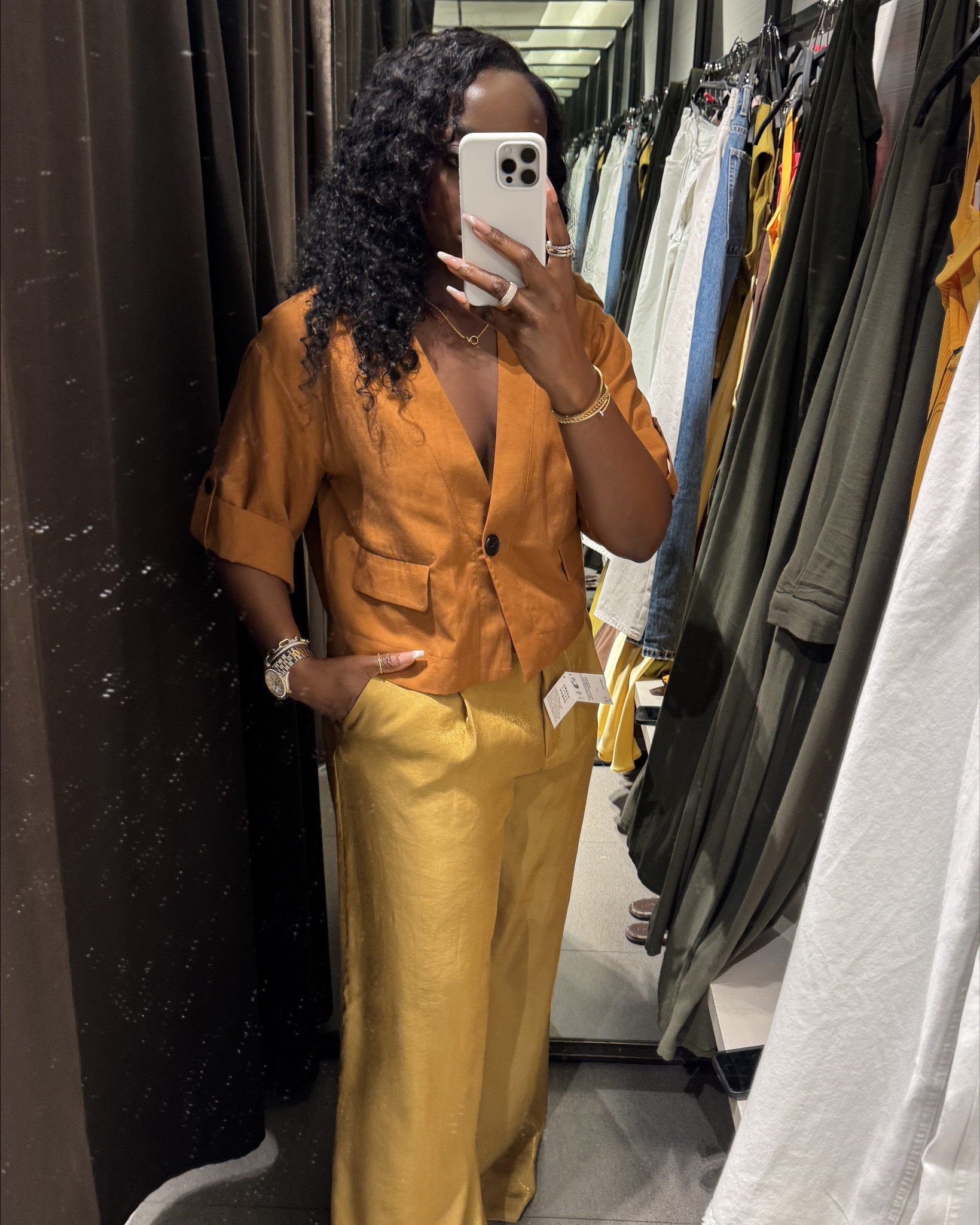 I love the bronze tones of this outfit. The top is a medium and the bottom is a large, although I could go for a medium in the bottom too. I love how long the pants are and I love that the pants look gold. This is really beautiful from ZARA.

#LTKStyleTip #LTKFindsUnder100 #LTKSummerEdit