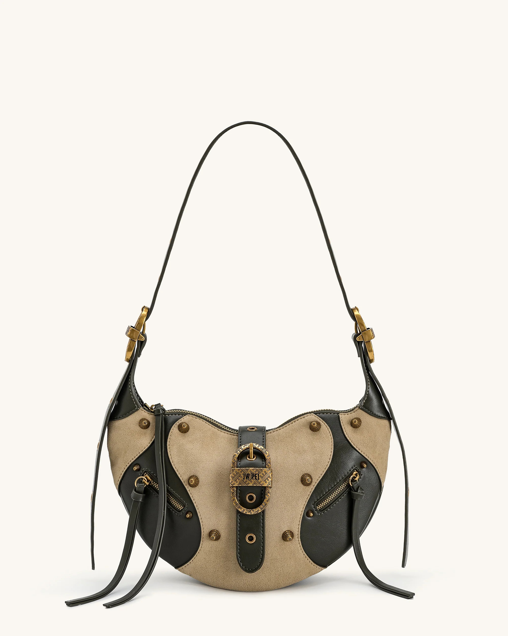 Tessa Faux Suede Studded Shoulder Bag - Khaki Green | JW PEI US