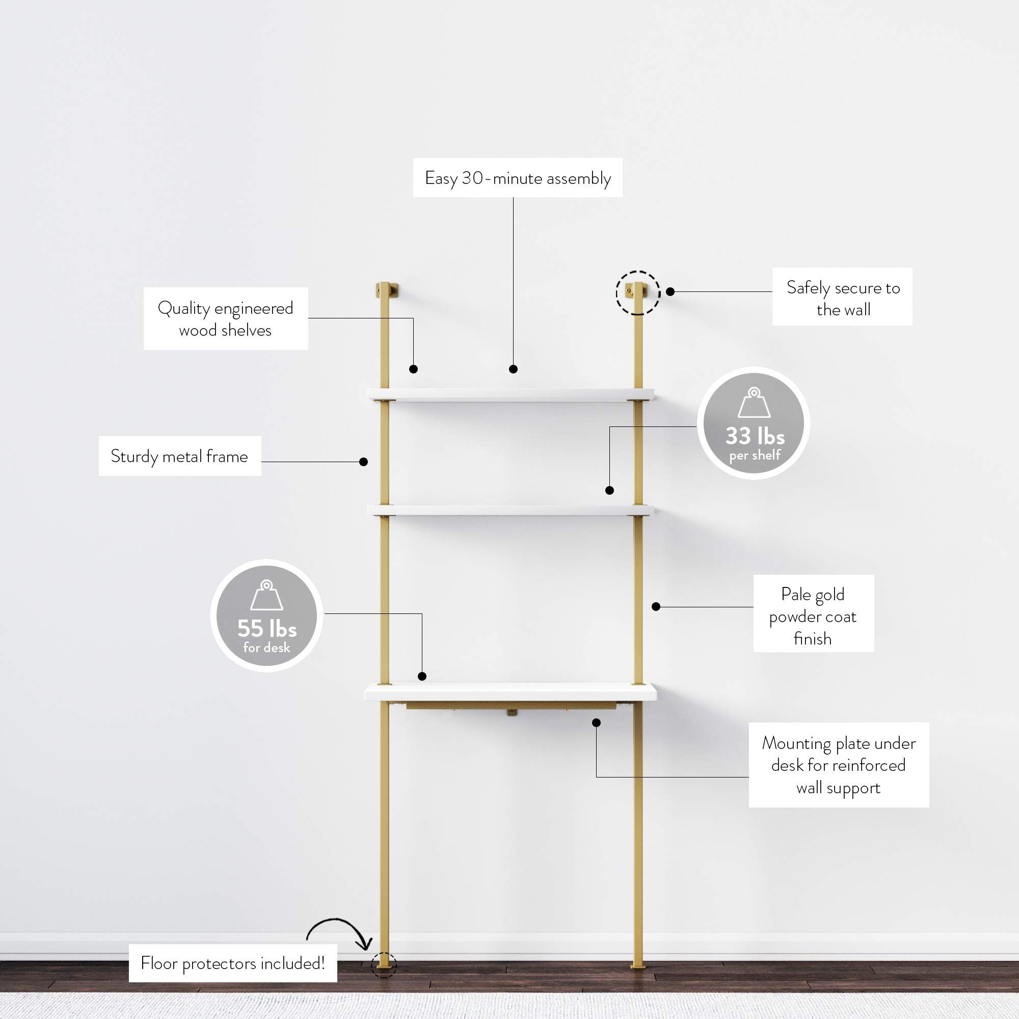 Nathan James Theo 2-Shelf Industrial Wall Mount Ladder Small Computer or Writing Desk, White/Gold... | Amazon (US)