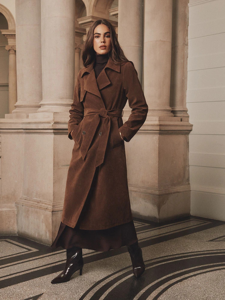 Lipsy Chocolate Brown Faux Suede Relaxed Longline Trench Coat | Next EU