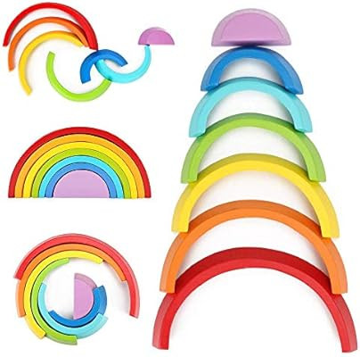 BicycleStore Wooden Rainbow Stacking Toy, Colorful Rainbow Blocks 7 Colors Shape Matching Educati... | Amazon (US)