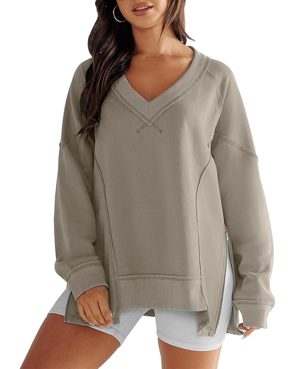 Caracilia Women Oversized Sweatshirts Hoodies V Neck Long Sleeve Drop Shoulder Fall Pullover Shir... | Amazon (US)