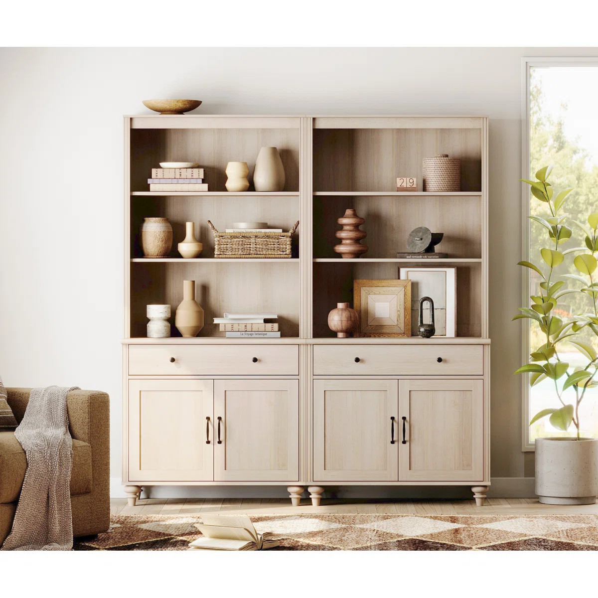 Scarlett 72.1"H X 67.7"W Set Of 2 Bookcase With Doors & Drawers, 5 Tier Bookshelf, Tall Book Case... | Wayfair North America