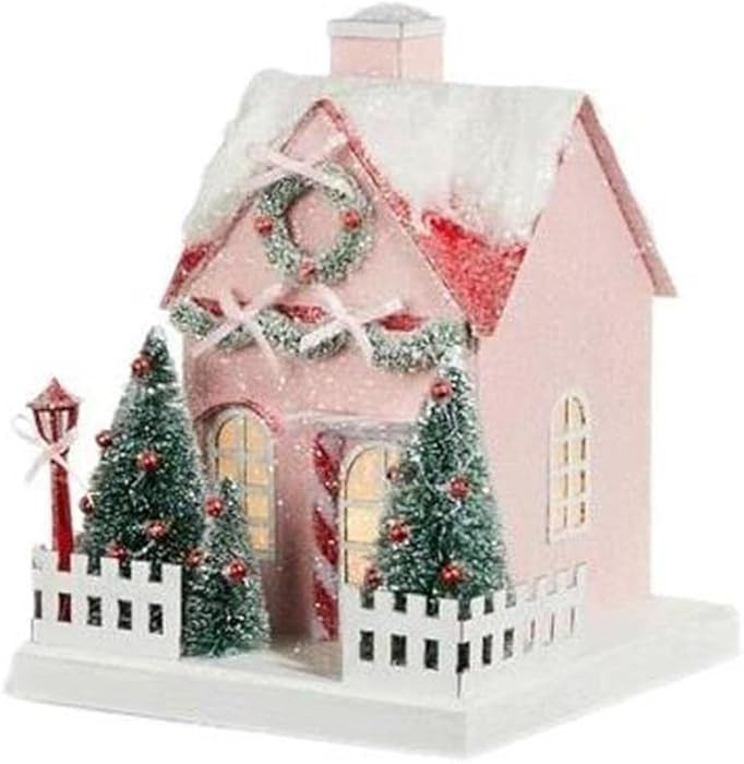 8.25" Lighted Pink with Candy Cane Trim and Garland Christmas Village House | Amazon (US)