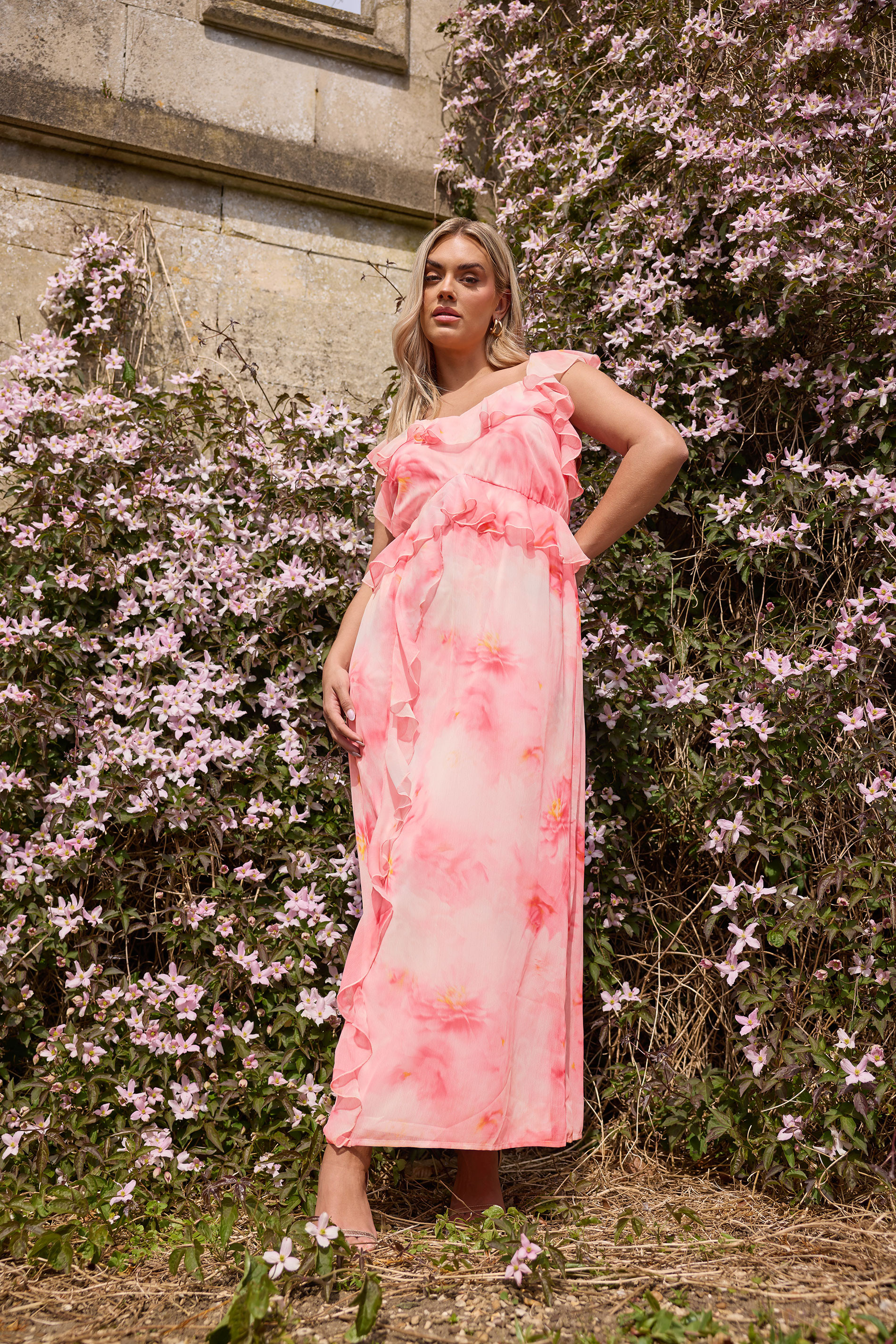 YOURS Plus Size Pink Blurred Floral Print Ruffle Maxi Dress | Yours Clothing UK