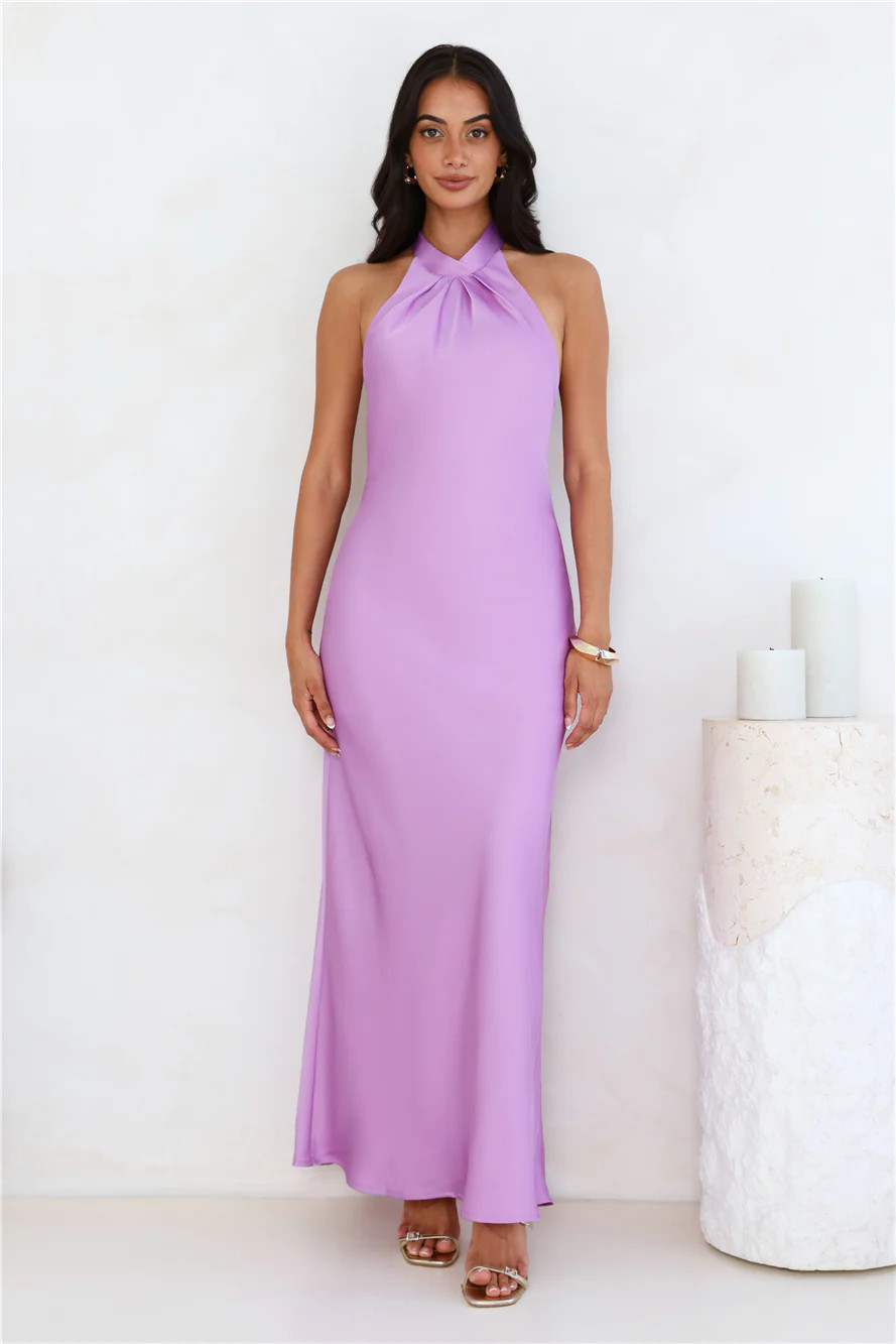 Delicate Dazzle Halter Satin Maxi Dress Purple | Hello Molly (AU)