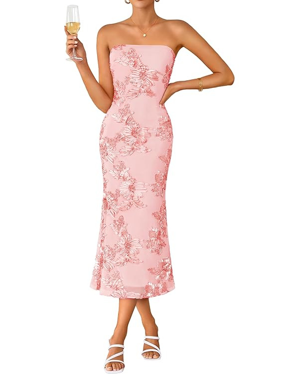 Amazon.com: ZESICA Women's Summer Strapless Floral Midi Dress 2026 Bodycon Mesh Tube Wedding Gues... | Amazon (US)