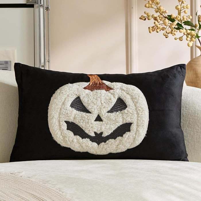 Halloween Pillow Covers 12x20 Inch Embroidery Black Pumpkin Ghost Lumbar Pillow Covers Cushion Ca... | Amazon (US)