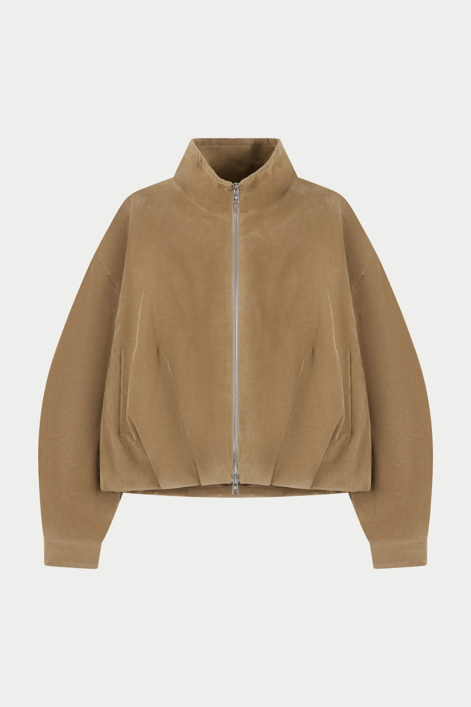 FAUX SUEDE FUNNEL NECK JACKET - BEIGE | The Couture Club