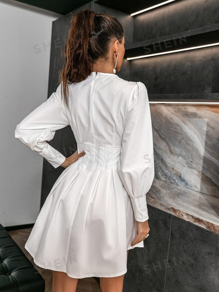 Glamaker Lantern Sleeve Fold Pleat Curved Hem Dress | SHEIN