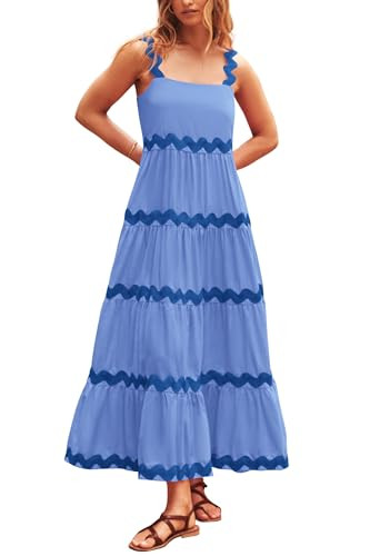 PRETTYGARDEN Women's 2024 Summer Maxi Sundress Spaghetti Strap Rickrack Ruffle Flowy Boho Casual ... | Amazon (US)