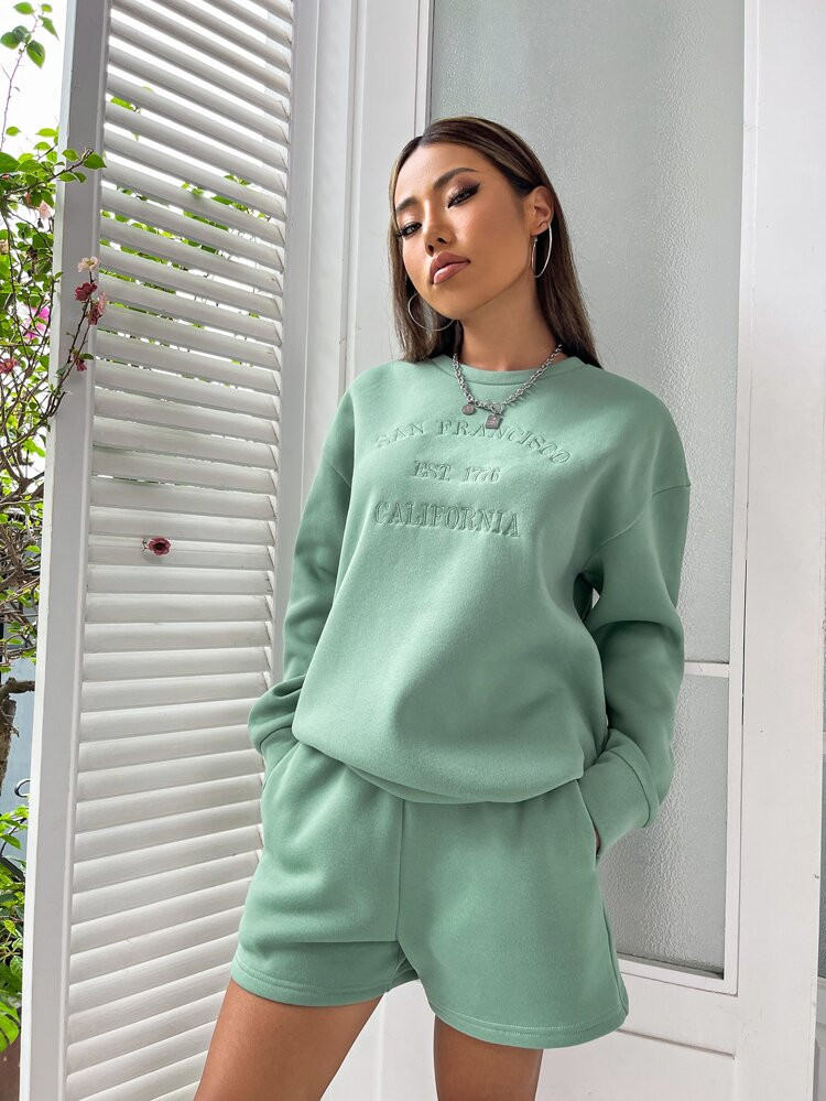 SHEIN EZwear Drop Shoulder Slogan Graphic Pullover & Track Shorts | SHEIN