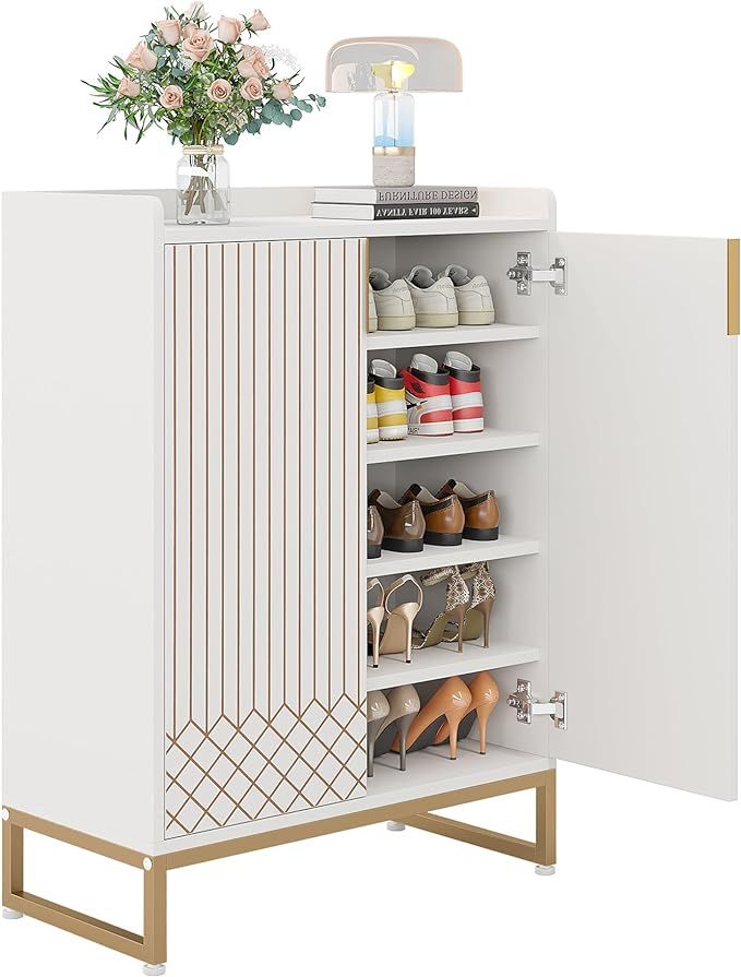 LITTLE TREE Modern White Shoe Cabinet with Doors for Up to 25 Pairs, 5-Tier Wood Shoes Rack Organ... | Amazon (US)