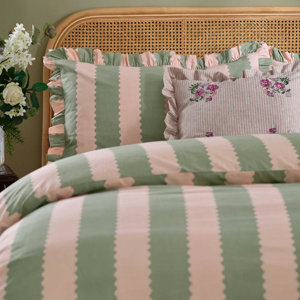 Birdie Stripe Ruffle Duvet Cover Set Pink/Green | Furn UK