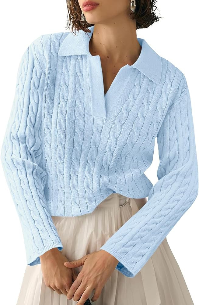 Saodimallsu Womens Cable Knit V Neck Sweater Fall Trendy Collared Long Sleeve Slouchy Loose Pullo... | Amazon (US)