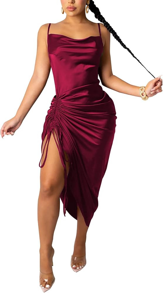 Women's Spaghetti Strap Satin Dress Sexy Backless Drawstring Ruched Split Hem Cocktail Evening Pa... | Amazon (US)
