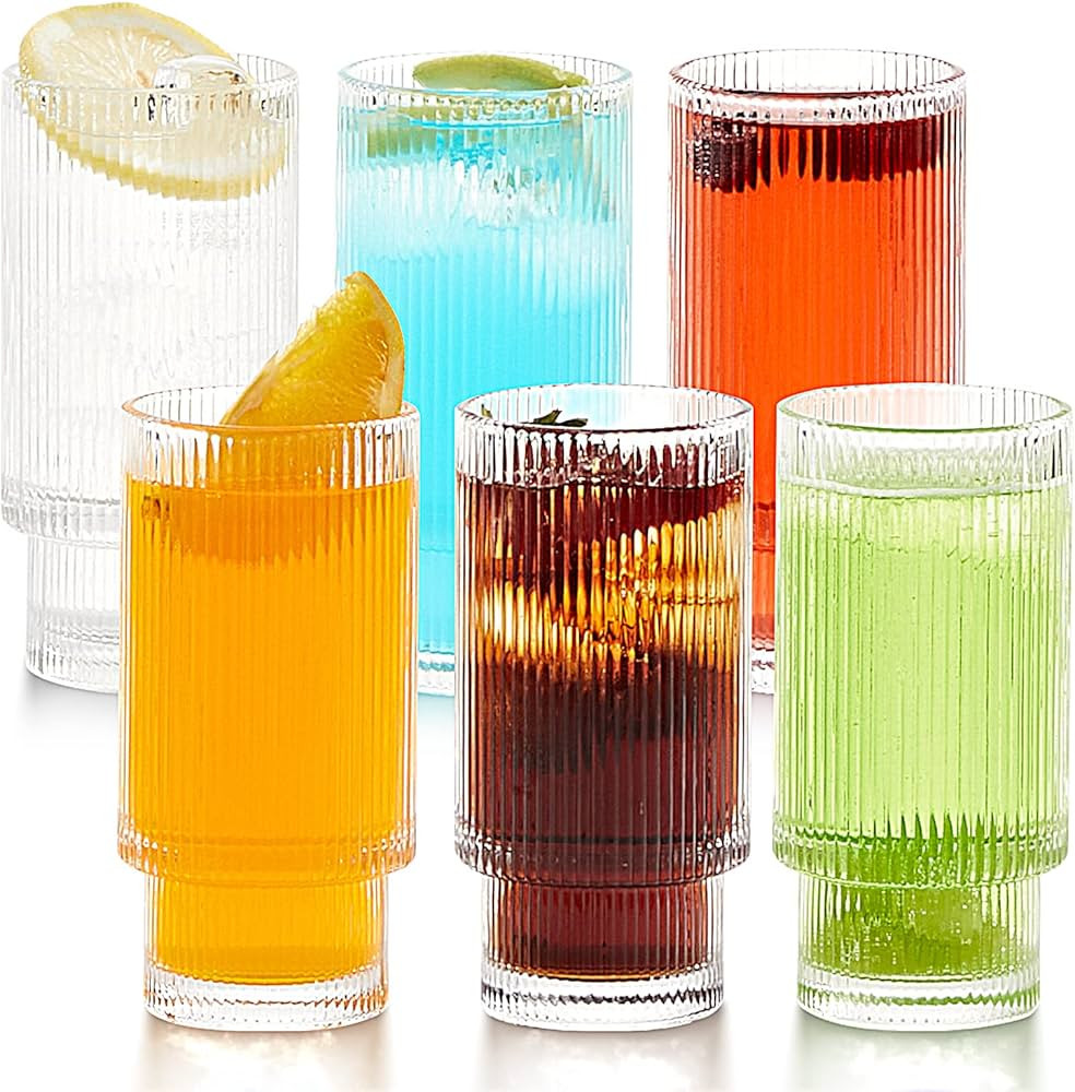 6 Pack 11oz Drinking Glasses Origami Style Set of Glass Cups, 6 Highball Glasses, Elegant Ripple ... | Amazon (US)
