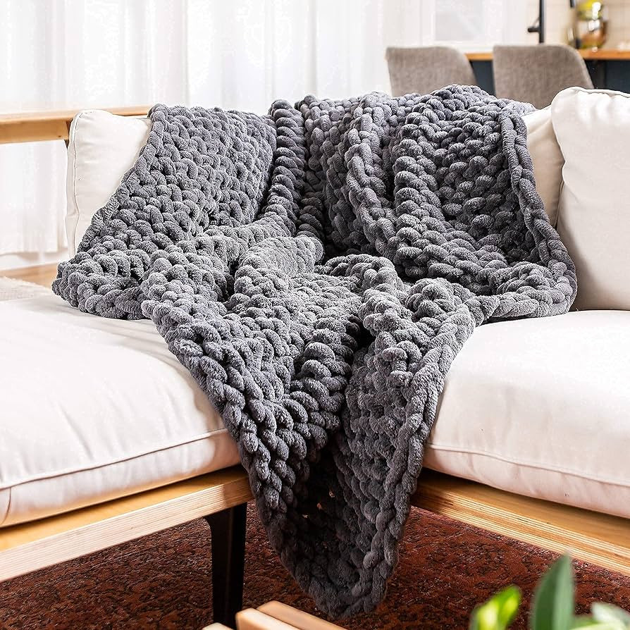 SAMIAH LUXE Grey Chunky Knit Blanket Throw 50x60; Knitted Throw Blankets for Boho Decor,Large Kni... | Amazon (US)