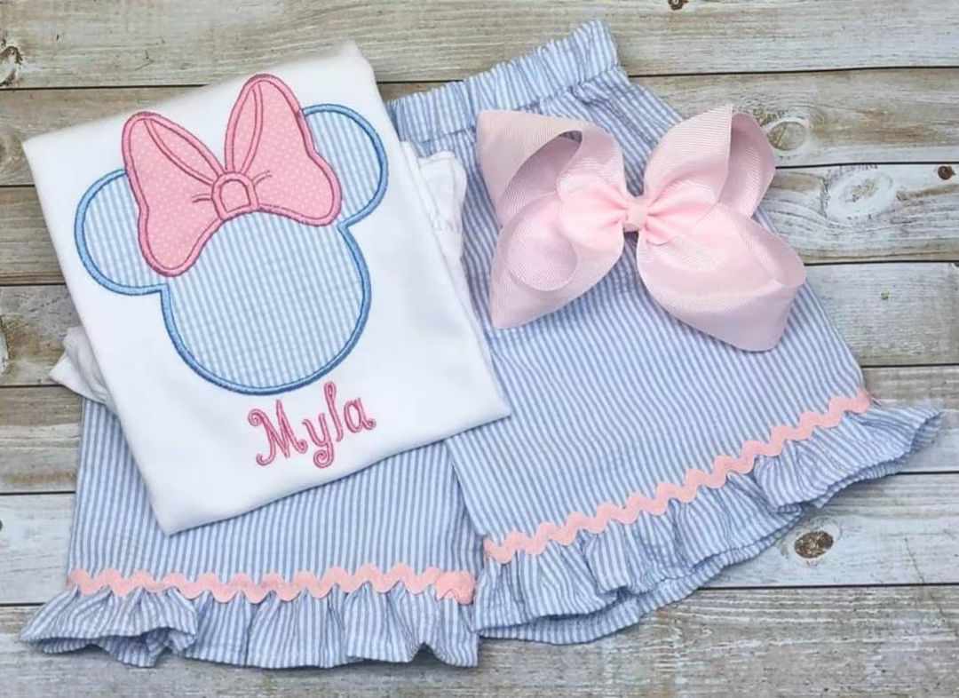 Magical Mouse Ears Seersucker Monogram Shirt, Matching Sibling Sister Ruffled Shorts Outfit, Embr... | Etsy (US)