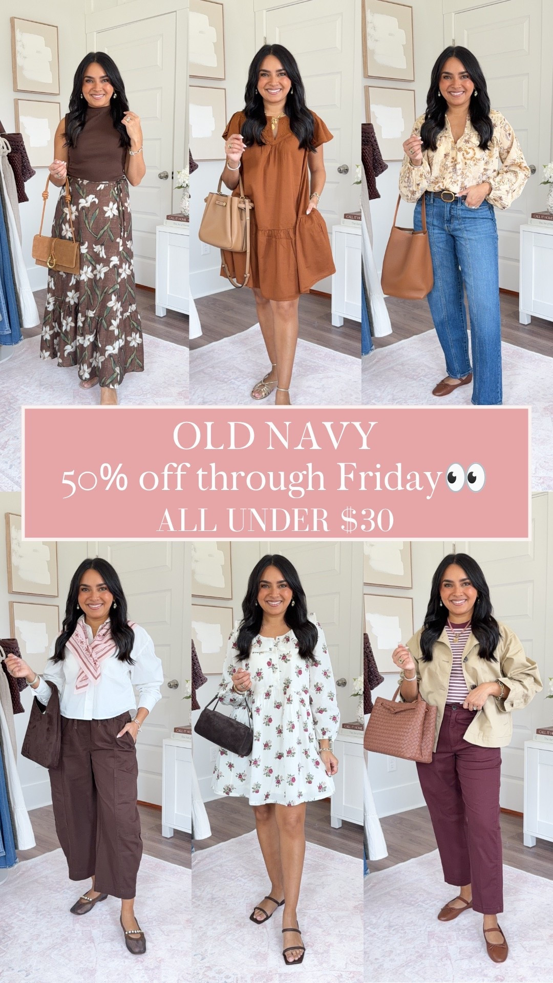 Old Navy 50% off!
For reference: I’m 5’0, petite, 32b bra size, and 2/26 in bottoms, pear shaped. 
*Everything I share is unaltered! TTS means true to size. Between size 5-6.5 in shoes

Brown top size xs TTS
Brown floral skirt size xs TTS
Clear heels size 5 TTS

Orange redwood burl dress size xs petite TTS
Gold sandals size 5 TTS

Yellow floral top size xs TTS
Jeans size 2 petite TTS
Brown flats size 5.5 TTS

White cropped button down size 00 TTS
Brown pants size xs petite TTS
Brown flats size 5.5 TTS

White floral dress size xs petite TTS
Brown sandals size 6 - fit like a 5.5 

Trench coat size xs petite - roomy fit
Burgundy pink stripe tee size xs petite
Burgundy grand canyon color pants size xs petite TTS
Brown flats are old from Quince - similar linked


Teacher outfits
Early fall fashion
Womens fashion
Petite style
Back to school
Teacher outfits

#LTKPetite #LTKSaleAlert #LTKootd