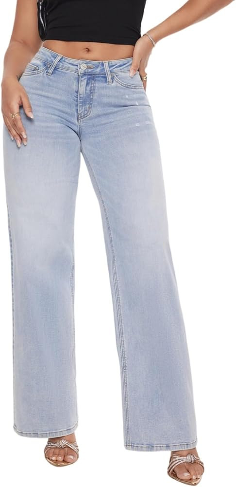 ONESO Wide Leg for Women Mid Low Rise Baggy Jeans BBL Jeans Stretchy Bottom Lady Basic Comfortabl... | Amazon (US)